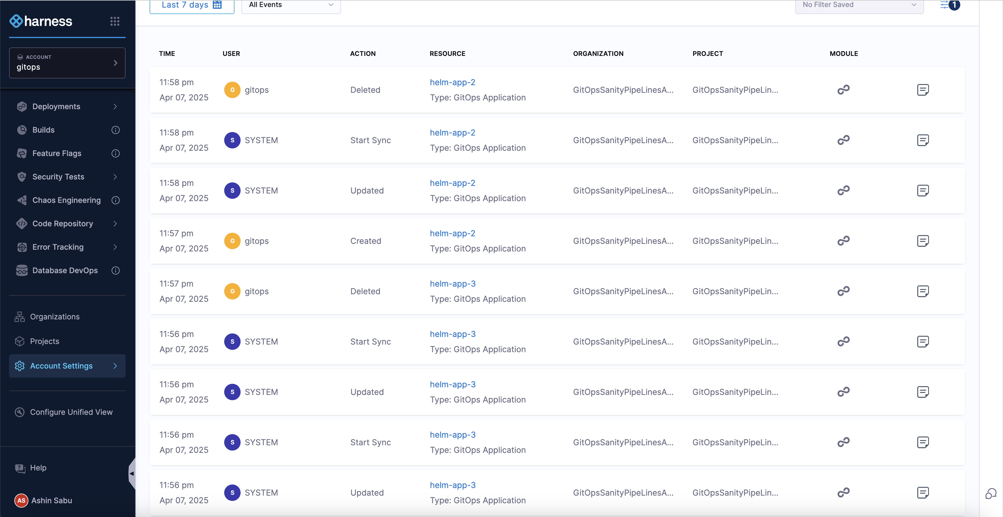 Screenshot showing the Audit Trail page with GitOps Application events displaying sync, create, update, and delete actions