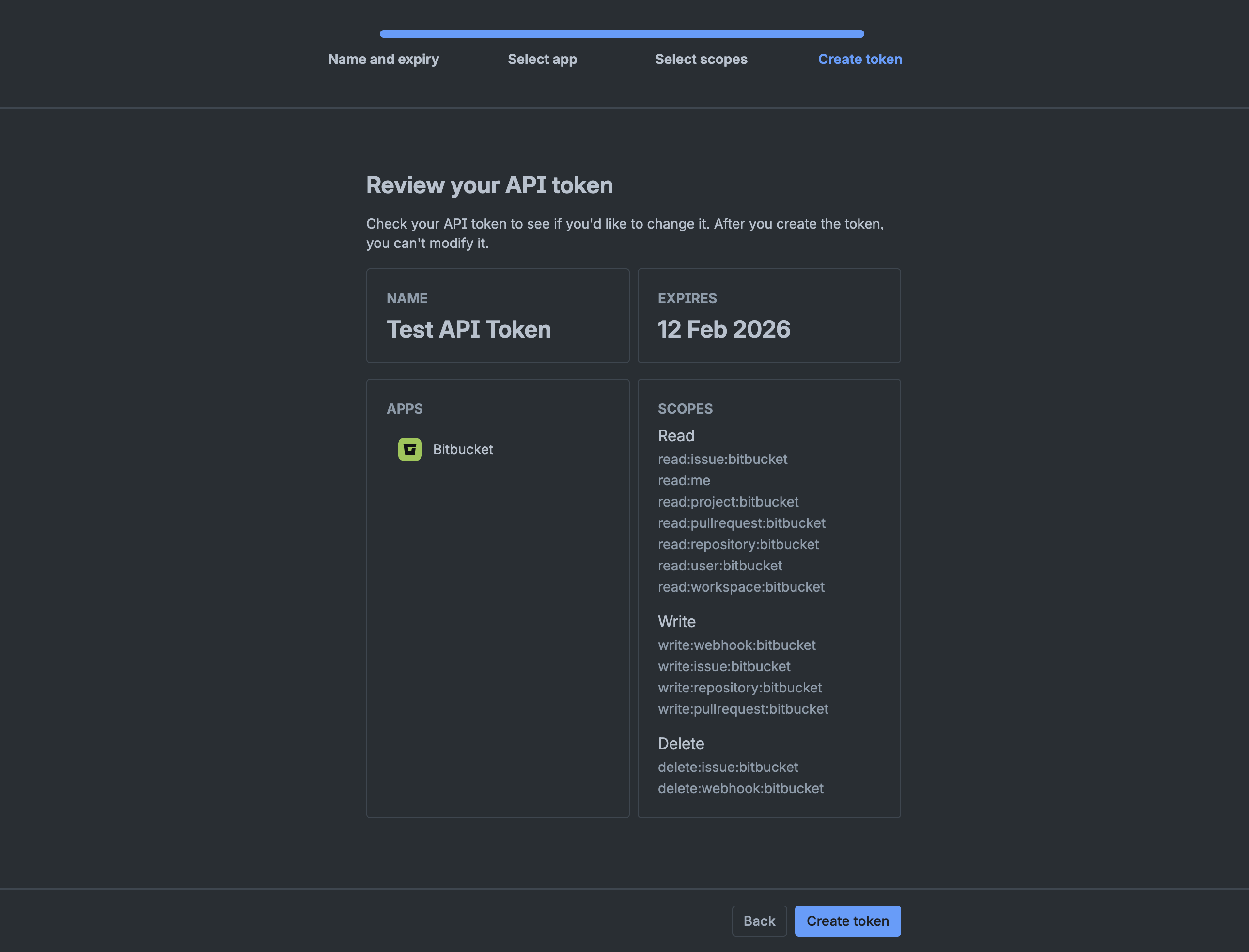 Screenshot: Creating an API token in Bitbucket UI.