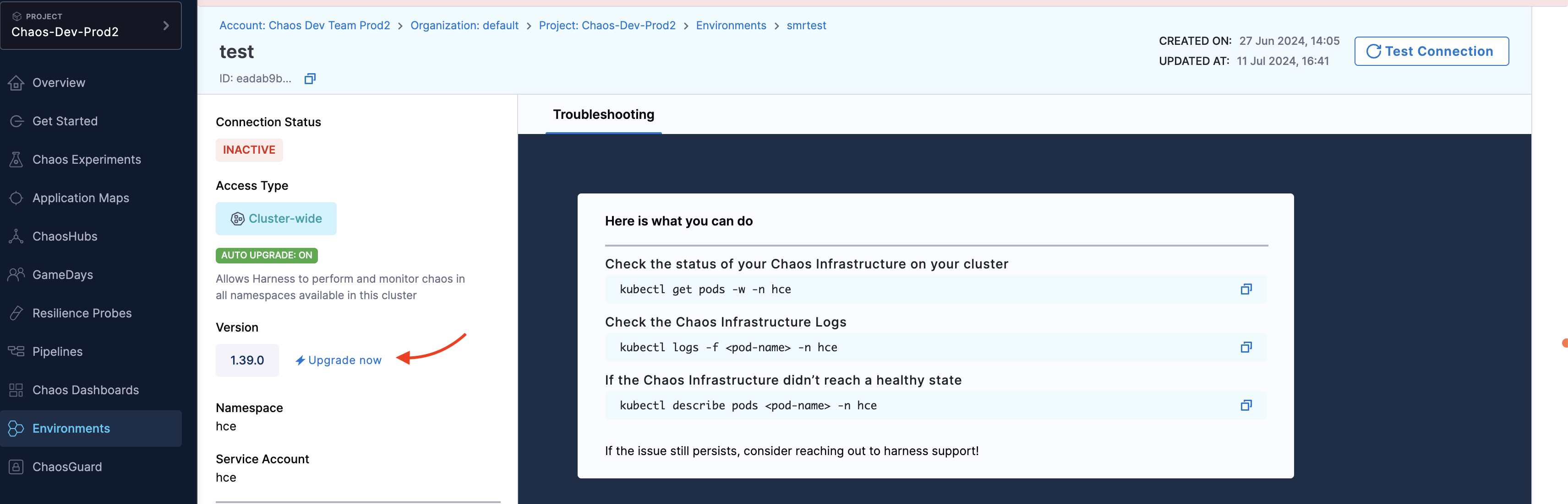 Environment details page showing chaos-enabled infrastructures