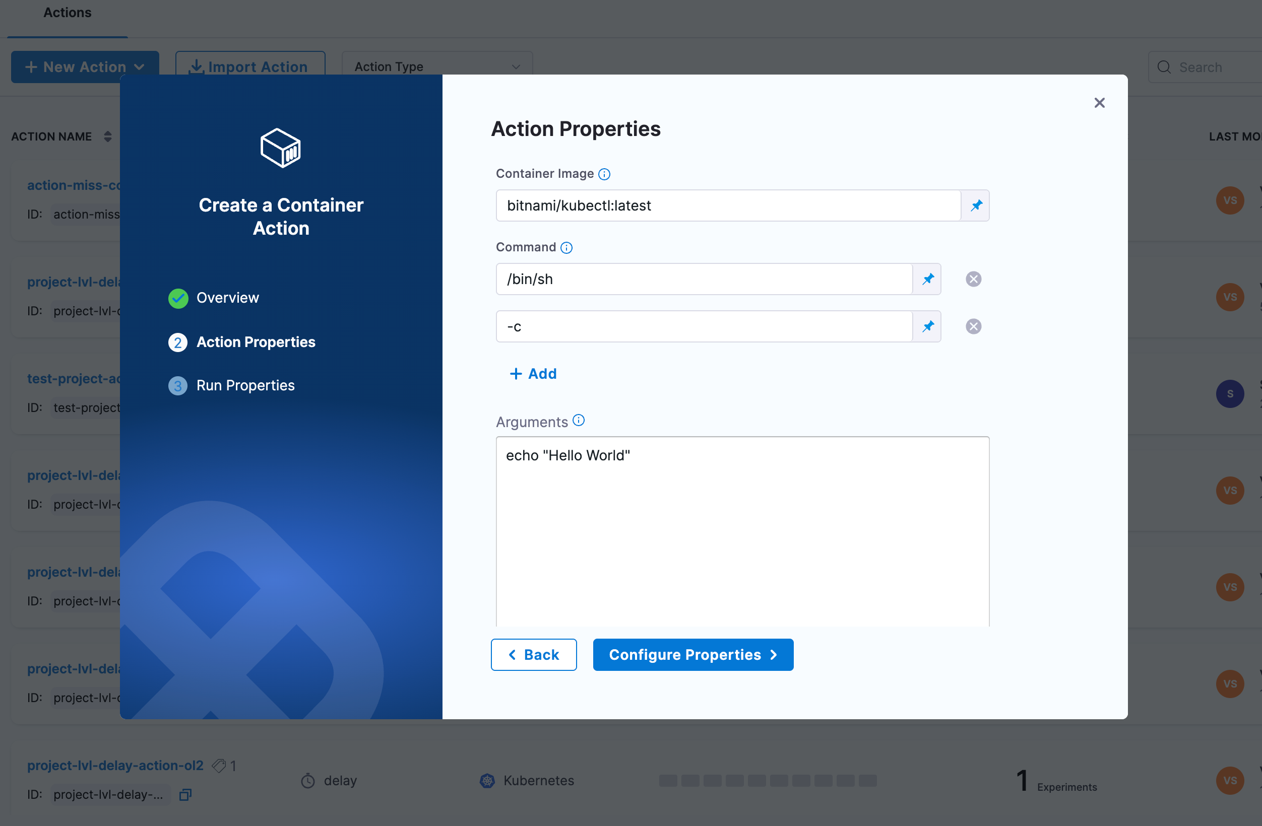 container action properties